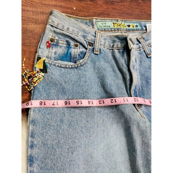 Mudd Cotton Mid Rise Straight Leg Embroidered Fringe Denim Jeans Blue Size 9 - Picture 13 of 14